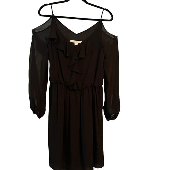 Boston Proper Black Dress Cold Shoulder Sheer Ruffle Front Gathered Waist Sz. 8 - Picture 3 of 12